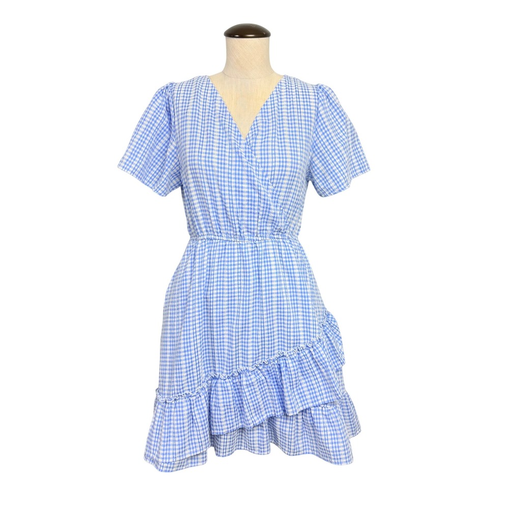 Hayden Los Angeles Blue White Gingham Ruffle Mini Dress Small Cottagecore Wrap